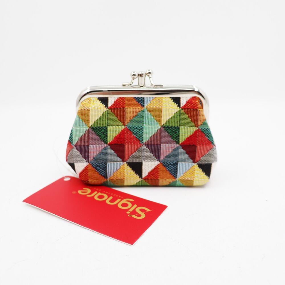 Signare Coin Purse Multicolor Triangle Canvas Kiss Lock Pouch Tapestry Bag